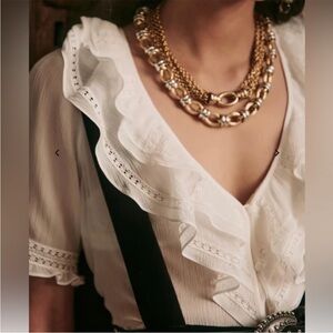 Sézane Alyna Shirt Sheer White Silk Blouse Lace and Short Sleeve Size EU 36 US 4